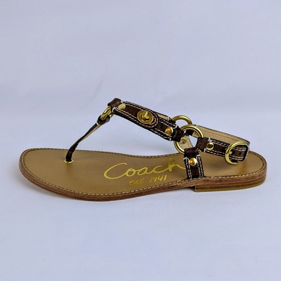 Coach Raiven Sandal Leather Flat Thong Ankle Strap Goldtone Tobacco 8.5 NWOB - Picture 2 of 14